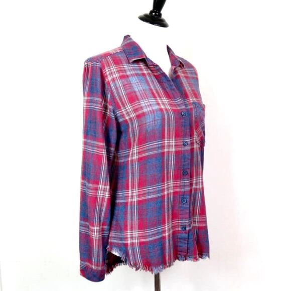Anthropologie Size S Classic Button Up Shirt Flannel Plaid Red Blue - Picture 6 of 10